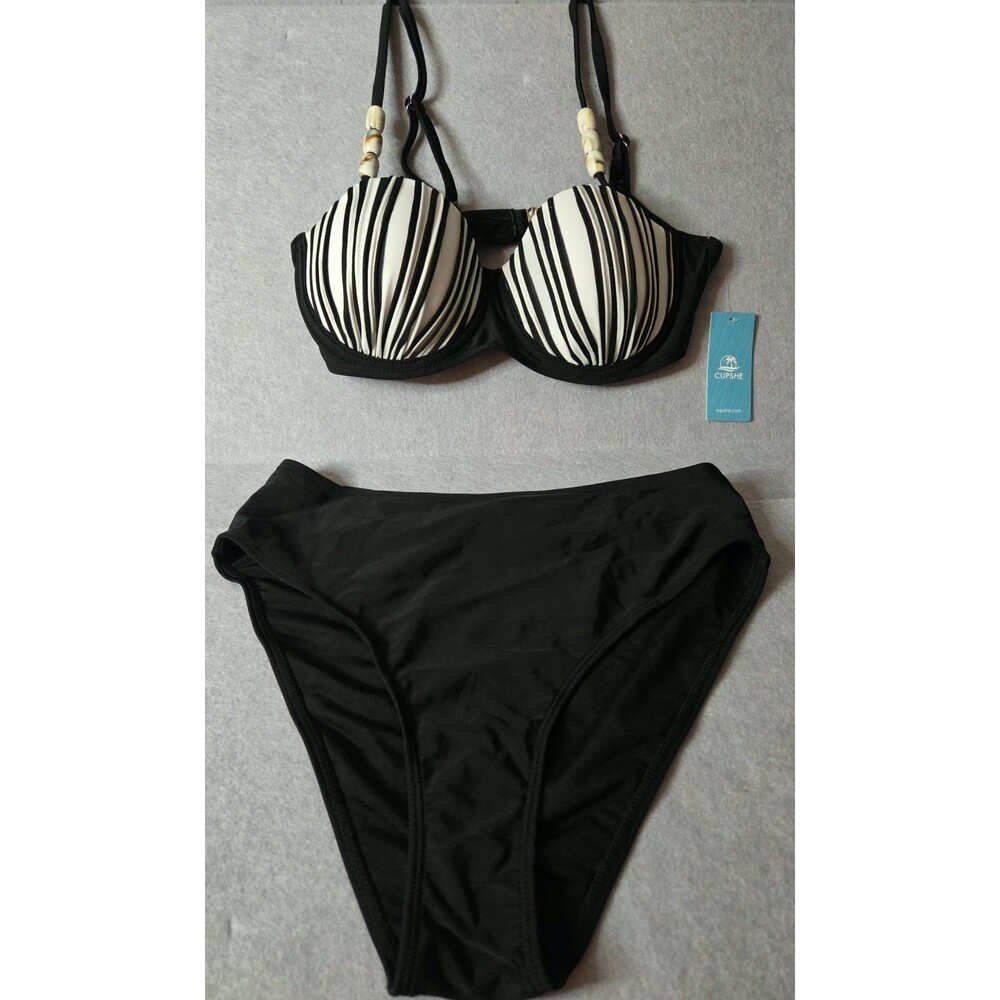 CUPSHE Bikini Set Size S Black White Striped Underwire Beaded Straps 2 Piece NWT